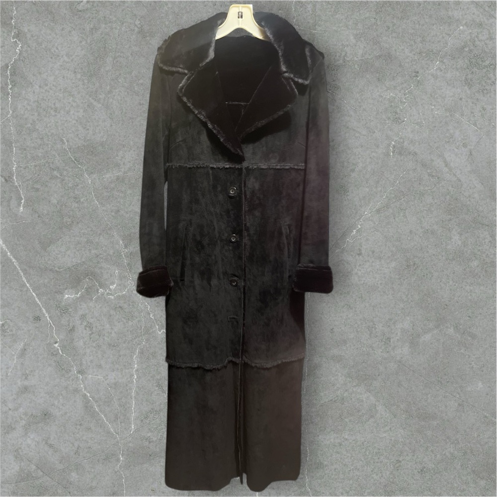 Express World Black Suede Leather Maxi Length Coat